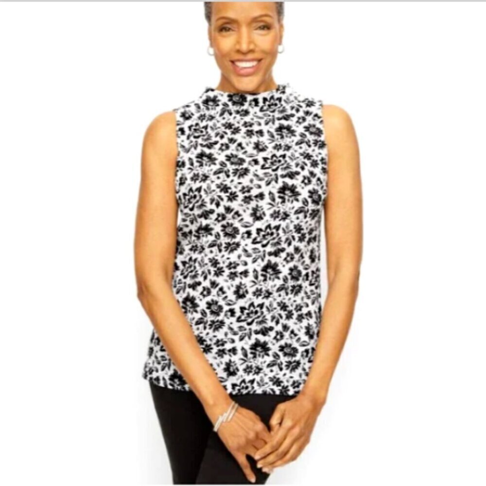 Talbots Button Detail Funnel Neck Tank Top Dotted Floral L‎ Black & White #335B